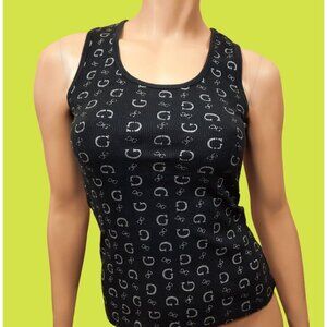 Y2K Guess Jeans black Ribbed Tank Top size S Silver Glitter Logo Monogram Print